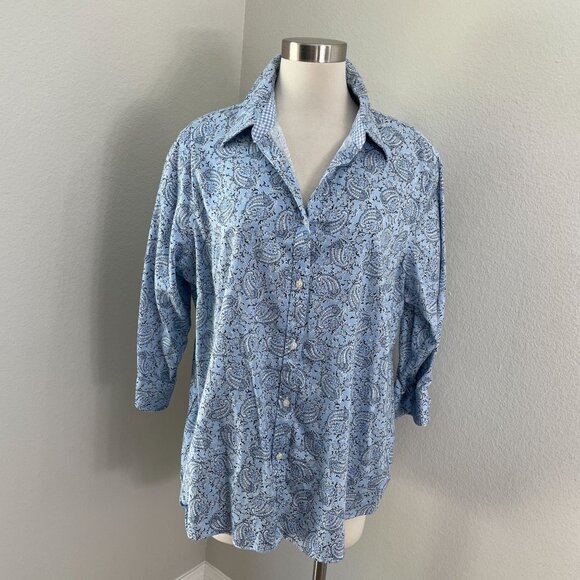 Chaps Womens Plus 1X Blue Paisley No Iron Button Up Shirt 3/4 Sleeve Blouse - Picture 1 of 11